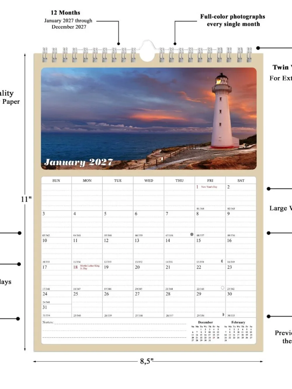 2027 Wall Calendar Spiral-bound Twin - 12 Months Planner 8.5
